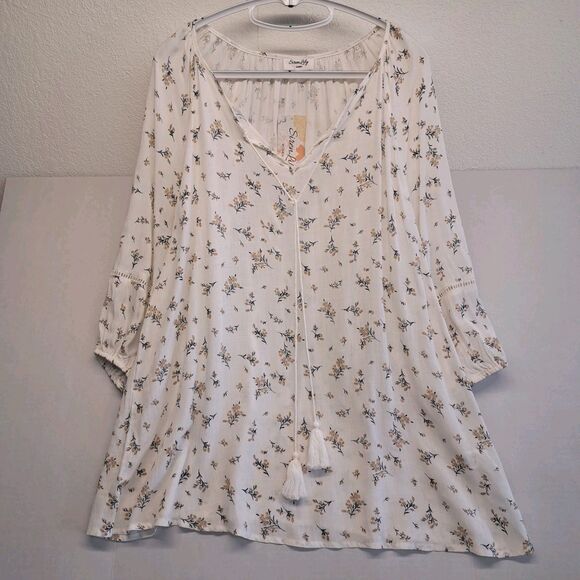 Tops - SIREN LILY Women's 2XL Beige Blue Floral Tassle Tie Blouse